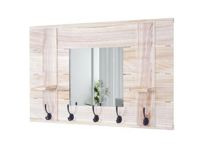Garderobe Murale Hwc-c89 Avec Miroir, Planche Vestiaire, Vintage, 5 Crochets 90x60cm ~ Brun Naturel