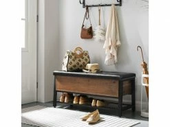 Vasagle Banc à Chaussures, Tabouret, Bout De Lit, 100 X 40 X 47 Cm, Siège Rembourré, Avec étagère De Rangement, Cadre En Acier, Style Industriel, Charge 120 Kg,marron Noisette Et Noir Lsb047b03