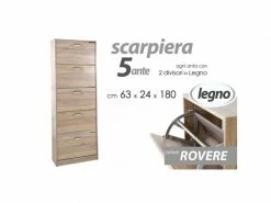 Meuble à Chaussures Mince Avec 5 Abattants Chêne Pin Double Abattant Cm 63 X 24 X 180 H