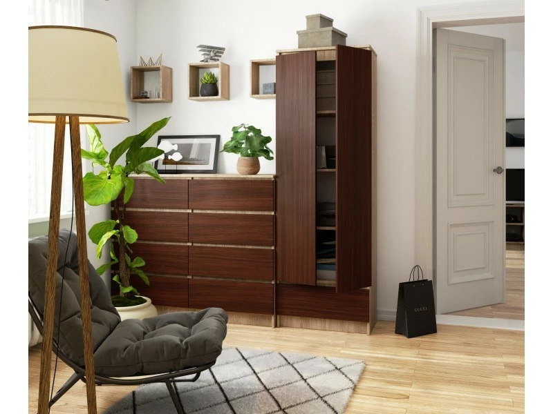 Akord Bibliothèque De Bureau, Armoire R60 Chêne Sonoma 60 Cm 2 Portes 1 Tiroir Couleur Wengé Mat, 4 étagères - 60x35x180 Cm – Image 3