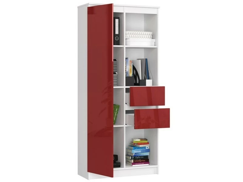 Brita - Bibliothèque Bureau Style Moderne Salon - 80x180x35 - 2 Tiroirs+1 Porte - Rouge – Image 2