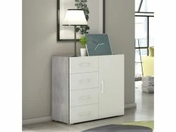 TERRANEO Commode Buffet Avec 4 Tiroirs Design Moderne Gris Blanc