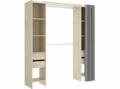 GPASPLUS Dressing Extensible Avec Rideau + 4 Tiroirs - Decor Chene Naturel - L 180-113 X P 50 X H 205 Cm - Suit