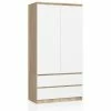 Akord Armoire S90 Chêne Sonoma 90 Cm 2 Portes 2 Tiroirs Couleur Blanc Mat, 4 étagères - 90x51x180 Cm