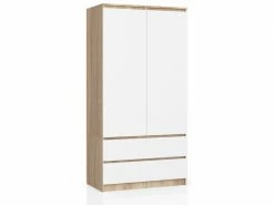 Akord Armoire S90 Chêne Sonoma 90 Cm 2 Portes 2 Tiroirs Couleur Blanc Mat, 4 étagères - 90x51x180 Cm