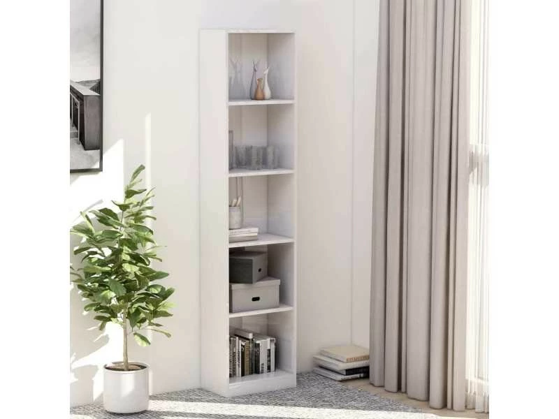 Contemporain étagères Collection Belgrade Bibliothèque à 5 Niveaux Blanc Brillant 40x24x175 Cm Aggloméré