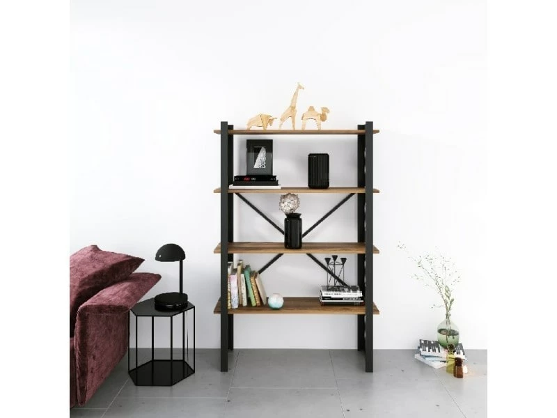 Homemania Bibliothèque Love - étagère - Du Mur, Du Bureau, Du Salon - Noir En Métal, Bois, 90 X 35 X 150 Cm