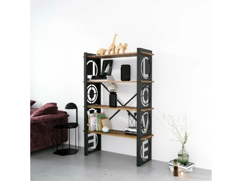 Homemania Bibliothèque Love - étagère - Du Mur, Du Bureau, Du Salon - Noir En Métal, Bois, 90 X 35 X 150 Cm – Image 2
