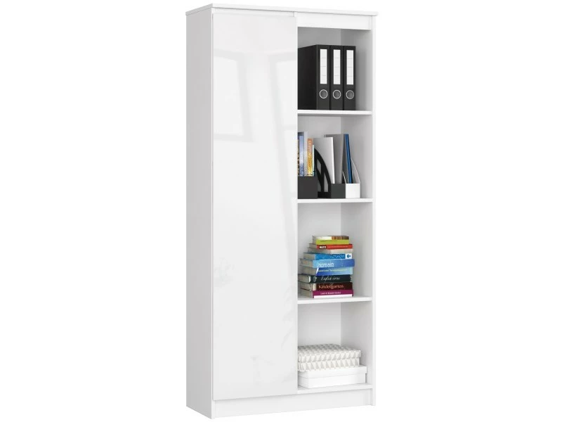 Akord Bibliothèque De Bureau, étagère R80 Blanche 80 Cm 1 Porte Couleur Blanc Brillant , 8 étagères - 80x35x180 Cm