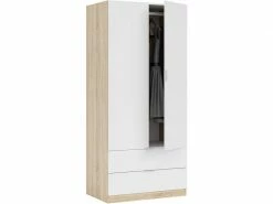 Armoire Avec 2 Portes Et 2 Tiroirs, Finition En Blanc Et Bois, Mesures : 81 Cm (l) X 180 Cm (h) X 52 Cm (p)