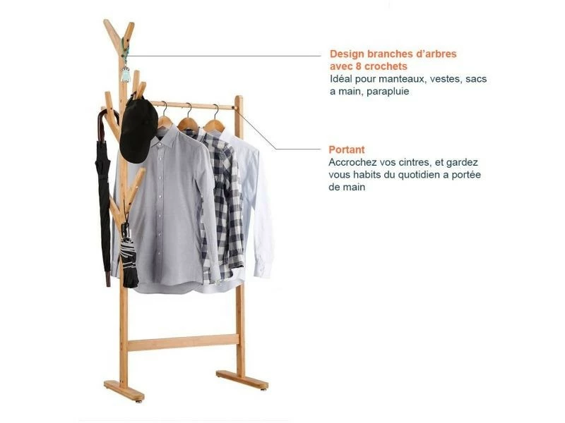 Porte Manteau Sur Pied Solide Avec 8 Tiges - Rangement Vestes Parapluie Chapeaux - Meuble Vestiaire D'entré Couloir - Bois Bambou – Image 2