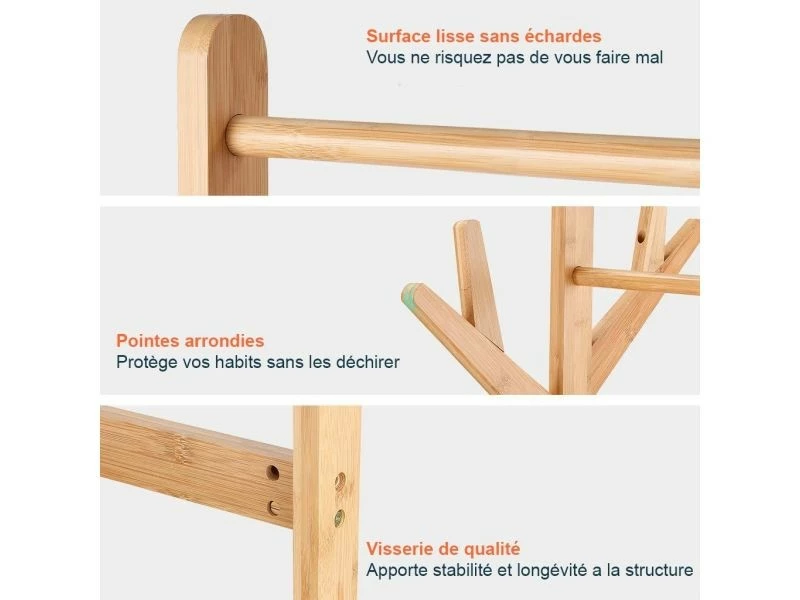 Porte Manteau Sur Pied Solide Avec 8 Tiges - Rangement Vestes Parapluie Chapeaux - Meuble Vestiaire D'entré Couloir - Bois Bambou – Image 3