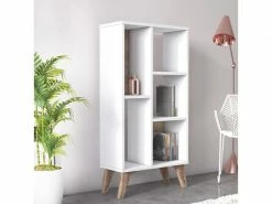 Bibliothèque Essentielle Avec Cinq Compartiments Ouverts De Différentes Tailles, 55 X 25 X 106 Cm, Couleur Blanche Avec Détail En Noyer