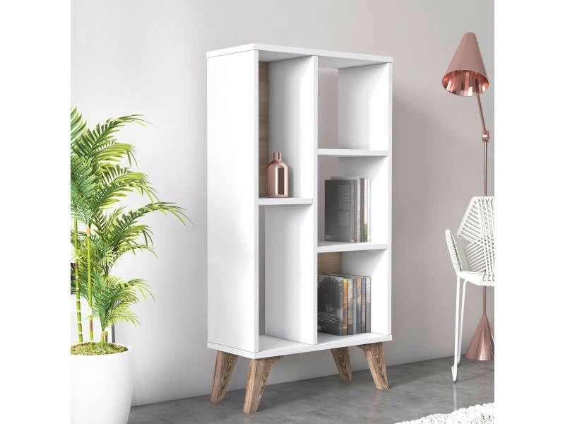 Bibliothèque Essentielle Avec Cinq Compartiments Ouverts De Différentes Tailles, 55 X 25 X 106 Cm, Couleur Blanche Avec Détail En Noyer