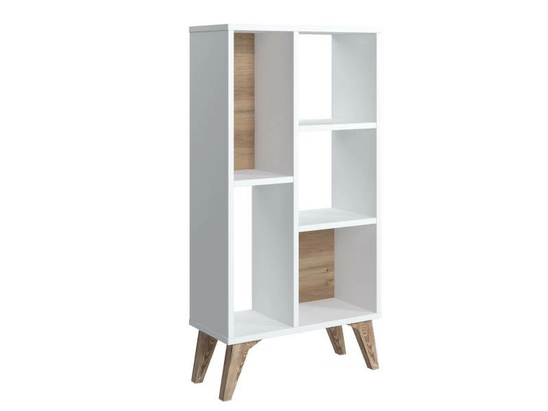 Bibliothèque Essentielle Avec Cinq Compartiments Ouverts De Différentes Tailles, 55 X 25 X 106 Cm, Couleur Blanche Avec Détail En Noyer – Image 2