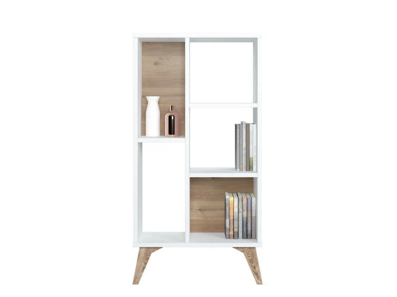 Bibliothèque Essentielle Avec Cinq Compartiments Ouverts De Différentes Tailles, 55 X 25 X 106 Cm, Couleur Blanche Avec Détail En Noyer – Image 3