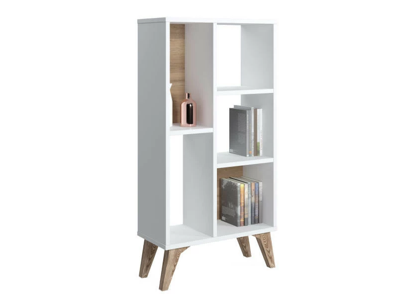 Bibliothèque Essentielle Avec Cinq Compartiments Ouverts De Différentes Tailles, 55 X 25 X 106 Cm, Couleur Blanche Avec Détail En Noyer – Image 4
