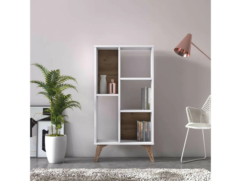 Bibliothèque Essentielle Avec Cinq Compartiments Ouverts De Différentes Tailles, 55 X 25 X 106 Cm, Couleur Blanche Avec Détail En Noyer – Image 5