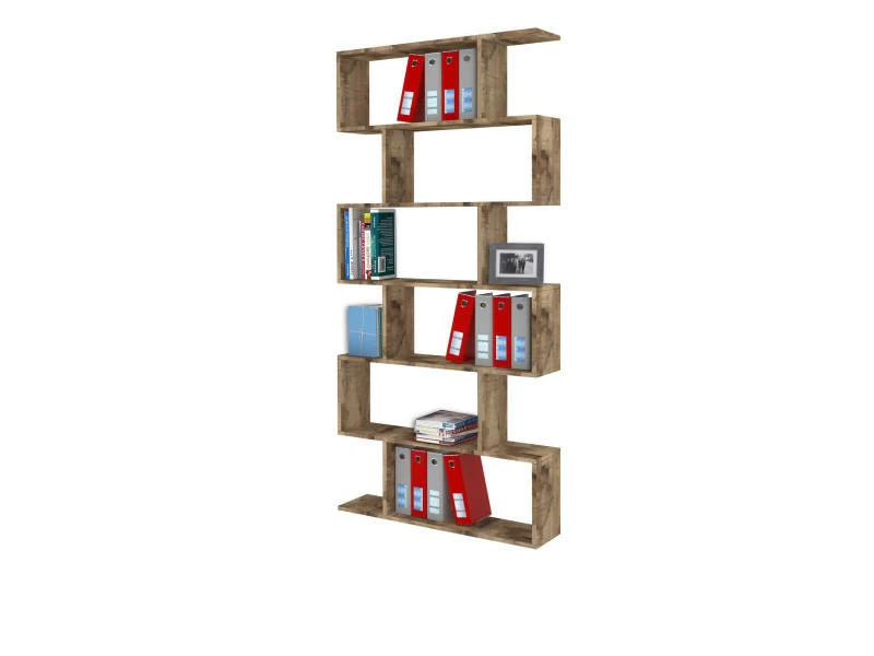 Bibliothèque Haute En Zigzag Avec 6 étagères Ouvertes, Made In Italy, étagère Pour Livres Et Documents, Bibliothèque De Bureau, Cm 80x25h192, Couleur érable – Image 3