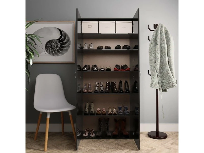 Vidaxl Armoire à Chaussures Noir Brillant 80x35,5x180 Cm Aggloméré – Image 2