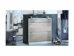 Meuble à Chaussures Blanc Mat/gris Sable Haute Brillance, Poignées Encastrées En Blanc Haute Brillance (89 X 104 X 23 Cm)