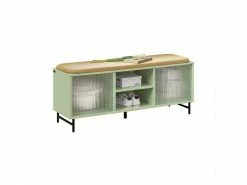Sobuy Fsr115-gr Banc De Rangement à Chaussure, Commode à Chaussure, Meuble Bas Entrée, Banquette Rembourré Sur Pieds Avec 2 Compartiments Et 2 Portes Coulissantes En Verre, 110x34x46 Cm, Vert