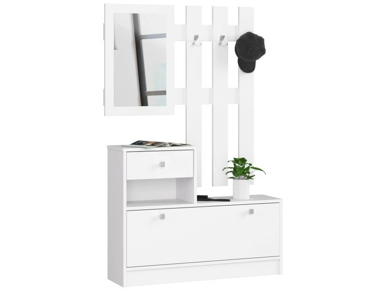 Akord Ensemble De Couloir Avec Armoire à Chaussures Blanc 90 Cm 1 Porte 1 Tiroir Couleur Blanc Mat, 2 étagères - 90x25x70/100 Cm