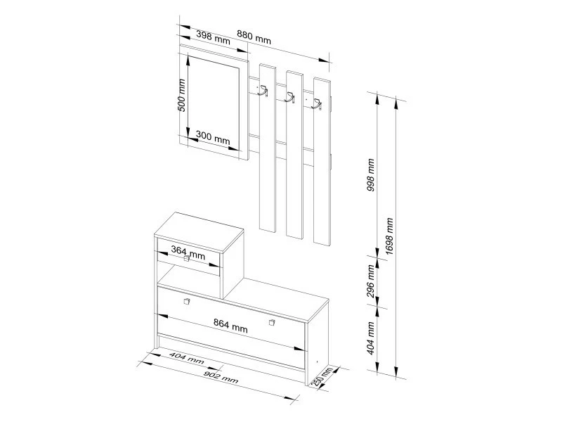 Akord Ensemble De Couloir Avec Armoire à Chaussures Blanc 90 Cm 1 Porte 1 Tiroir Couleur Blanc Mat, 2 étagères - 90x25x70/100 Cm – Image 2