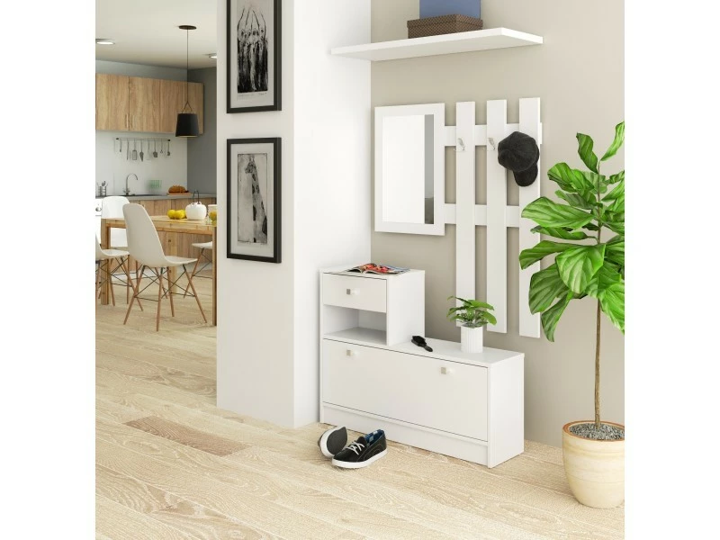 Akord Ensemble De Couloir Avec Armoire à Chaussures Blanc 90 Cm 1 Porte 1 Tiroir Couleur Blanc Mat, 2 étagères - 90x25x70/100 Cm – Image 4