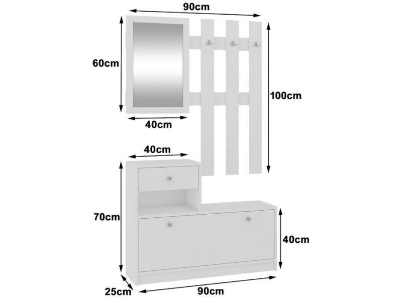 Akord Ensemble De Couloir Avec Armoire à Chaussures Blanc 90 Cm 1 Porte 1 Tiroir Couleur Blanc Mat, 2 étagères - 90x25x70/100 Cm – Image 5