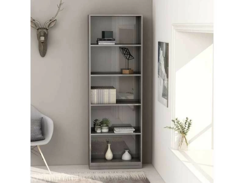 Icaverne - Bibliothèques Famille Bibliothèque à 5 Niveaux Gris Brillant 60x24x175 Cm Aggloméré – Image 2