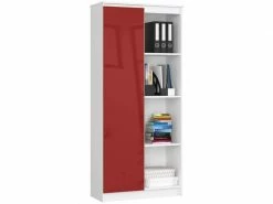 Akord Bibliothèque De Bureau, étagère R80 Blanche 80 Cm 1 Porte Couleur Rouge Brillant , 8 étagères - 80x35x180 Cm