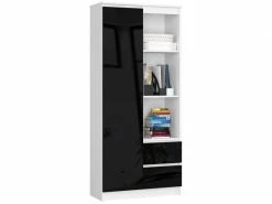 Akord Bibliothèque De Bureau, étagère R80 Blanche 80 Cm 1 Porte 2 Tiroirs Couleur Noir Brillant , 7 étagères - 80x35x180 Cm