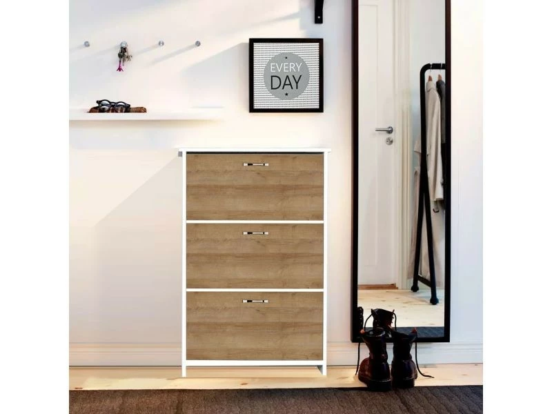 Meuble à Chaussures Design Bois Triplex - L. 72 X H. 112 Cm - Marron Chêne