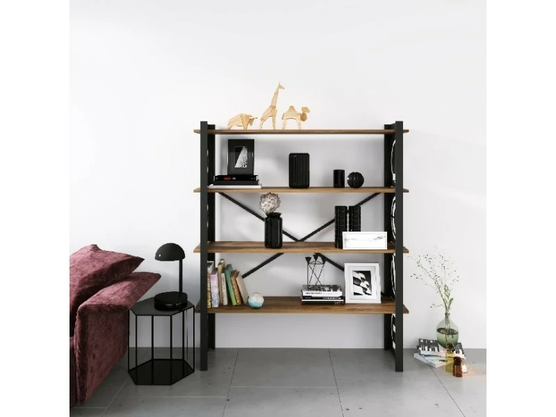 Homemania Bibliothèque Love - étagère - Du Mur, Du Bureau, Du Salon - Noir En Métal, Bois, 120 X 35 X 150 Cm