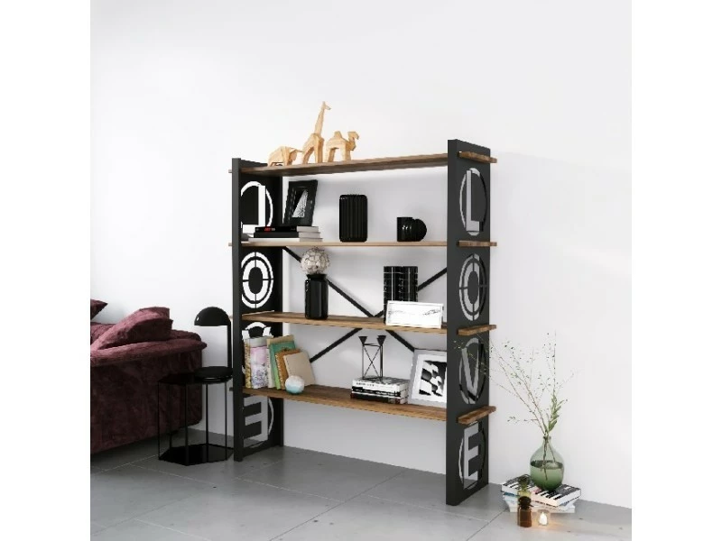 Homemania Bibliothèque Love - étagère - Du Mur, Du Bureau, Du Salon - Noir En Métal, Bois, 120 X 35 X 150 Cm – Image 2