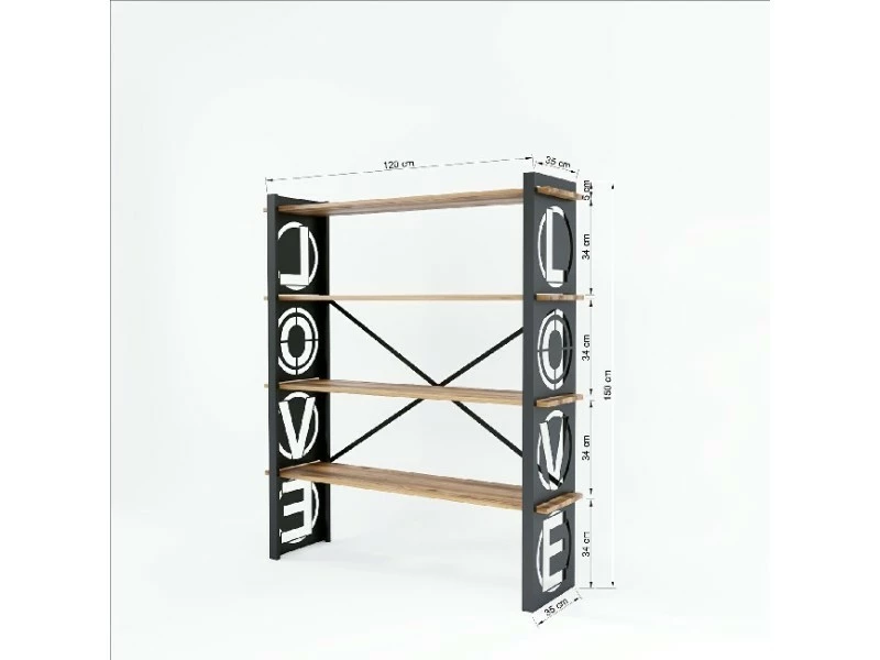 Homemania Bibliothèque Love - étagère - Du Mur, Du Bureau, Du Salon - Noir En Métal, Bois, 120 X 35 X 150 Cm – Image 5
