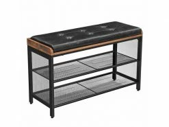 VASAGLE Banc à Chaussures, Banquette Rembourrée Avec étagères En Maille, Rangement à Chaussures, Industriel, Similicuir Noir, Marron Rustique Lbs75x