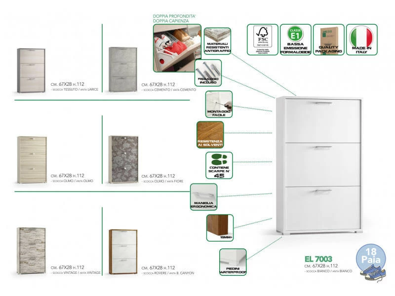 Meuble à Chaussures Moderne Avec 3 Portes Battantes, 100% Made In Italy, Meuble à Chaussures Entrée Double Profondeur, 67x28h112 Cm, Couleur Orme – Image 3