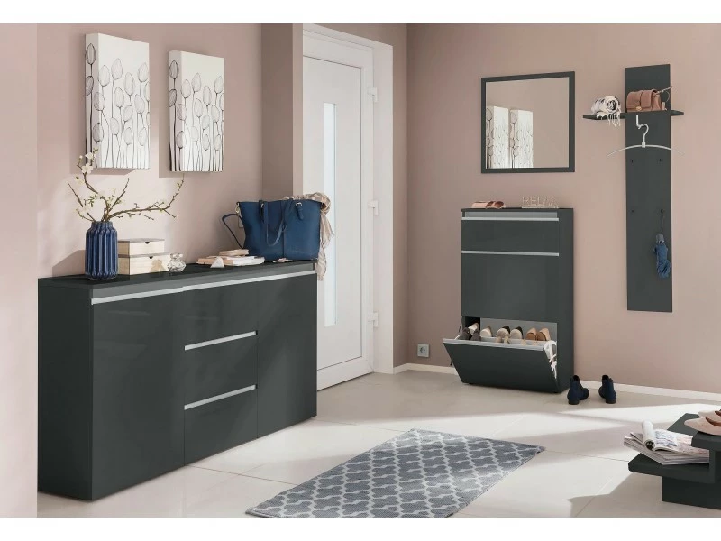 Range-chaussures Moderne, Made In Italy, Avec 2 Portes Et 1 Porte Abattante, Range-chaussures D'entrée, Cm 60x27h108, Couleur Anthracite Brillant – Image 3