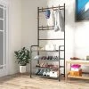 ORGANIZE Porte Manteau Sur Pieds - Vestiaire Avec 4 étagères De Rangement A Chaussures - Meuble Entree En Acier Avec 8 Crochets, Pour Manteaux, Chapeaux, Sacs (noir)