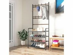 ORGANIZE Porte Manteau Sur Pieds - Vestiaire Avec 4 étagères De Rangement A Chaussures - Meuble Entree En Acier Avec 8 Crochets, Pour Manteaux, Chapeaux, Sacs (noir)