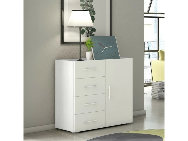 TERRANEO Commode Chambre Buffet Porte 4 Tiroirs Design Blanc Gris