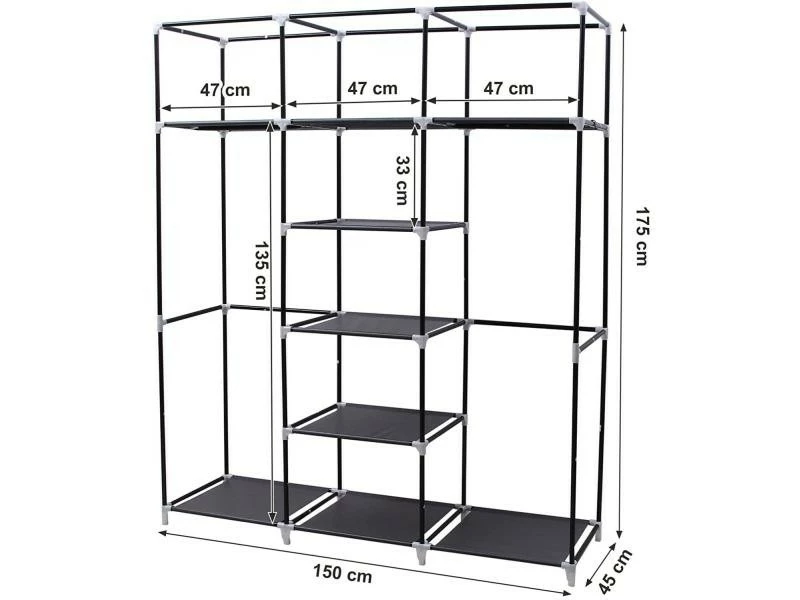 HELLOSHOP_26 Armoire De Rangement Penderie Toile 175 Cm Noir Helloshop26 12_0000190 – Image 3