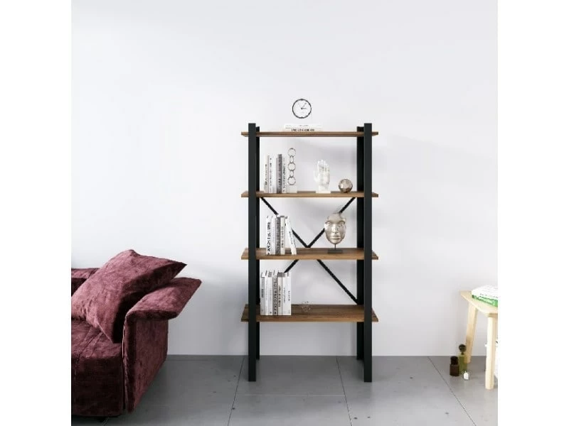 Homemania Bibliothèque Star - étagère - Du Mur, Du Bureau, Du Salon - Noir En Métal, Bois, 70 X 35 X 150 Cm – Image 2