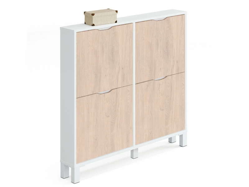 Commode Meuble à Chaussures 2 Portes Blanc Brillant / Effet Bois - Hauteur 98 X Longueur 97 X Profondeur 17 Cm