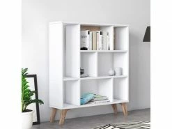 Bibliothèque à Huit Compartiments Ouverts, 95 X 25 X 106 Cm, Coloris Blanc Et Noyer