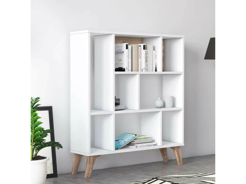 Bibliothèque à Huit Compartiments Ouverts, 95 X 25 X 106 Cm, Coloris Blanc Et Noyer