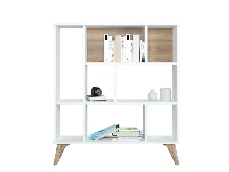 Bibliothèque à Huit Compartiments Ouverts, 95 X 25 X 106 Cm, Coloris Blanc Et Noyer – Image 3