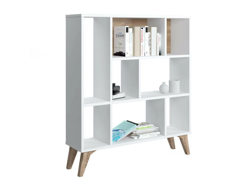 Bibliothèque à Huit Compartiments Ouverts, 95 X 25 X 106 Cm, Coloris Blanc Et Noyer – Image 4